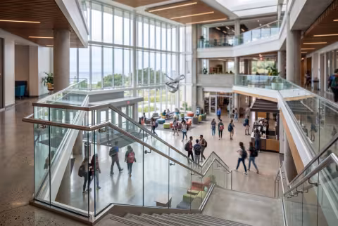 Campus center atrium, wide hero — Landing page imagery, admissions/home.