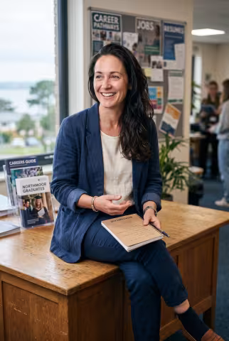 Careers centre adviser portrait, office background — Person `person_portrait`.