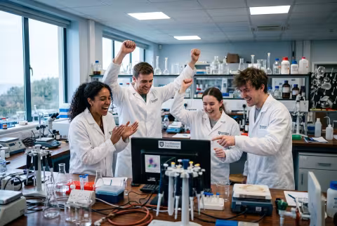 Lab team celebrating a result — News imagery, research milestone.
