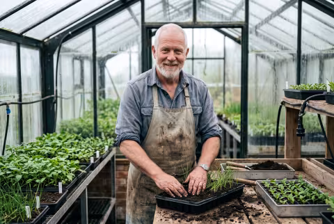 Coastal botanist potting salt-marsh seedlings in a glasshouse nursery — Person `main_image`, faculty/field.