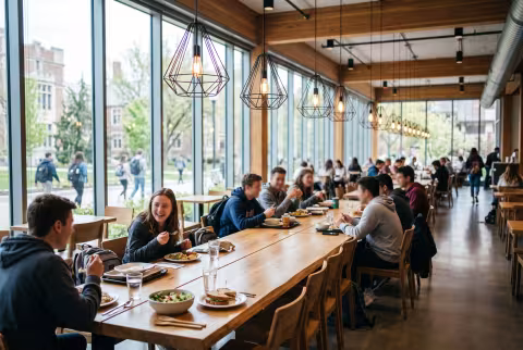 Dining commons, communal tables — Standard page imagery, campus life.
