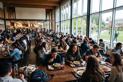 Dining hall, busy communal wide shot — Landing page imagery, campus life hero.