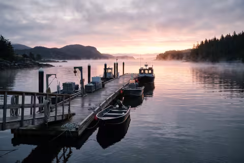 Research dock at sunrise, mist over water — Landing page imagery, aspirational hero.