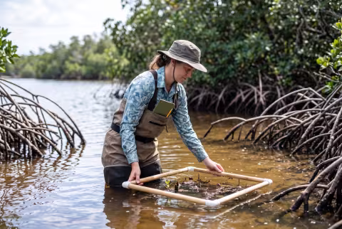 Estuarine ecologist counting a quadrat among mangrove roots — Person `main_image`, faculty/field.