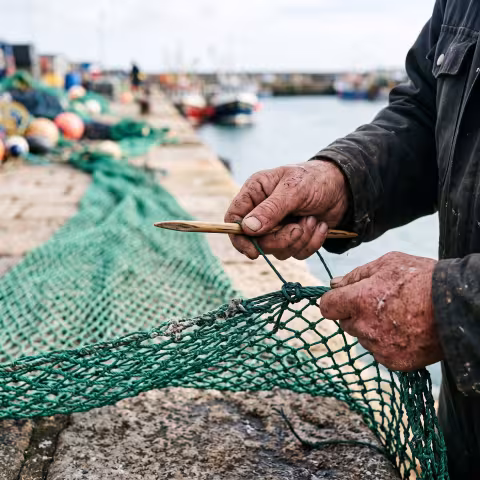 Trawl net mending, macro — Course imagery, fisheries methods.