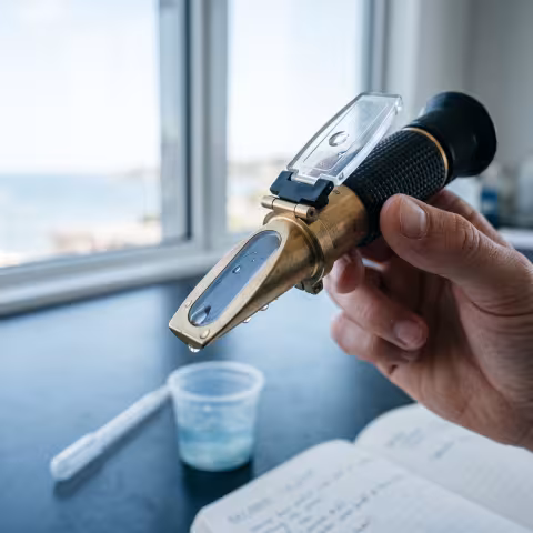 Refractometer salinity reading, macro — Course imagery, water chemistry.